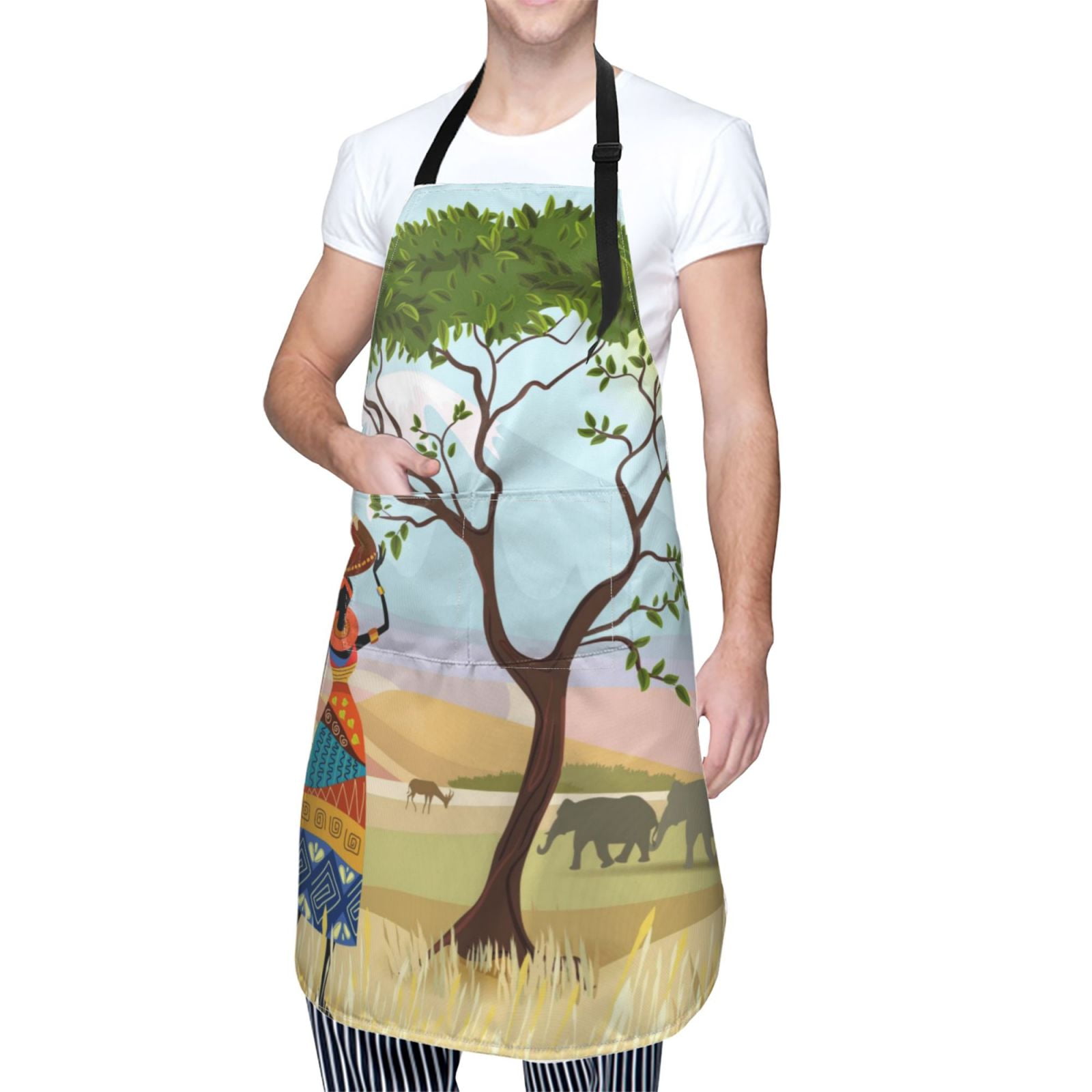 Kdxio African Women in Mountain Landscape Apron with Pockets Adjustable Kitchen Aprons for Men Women Waterproof Aprons for Cooking,Drawing,Crafting, Baking Household Cleaning
