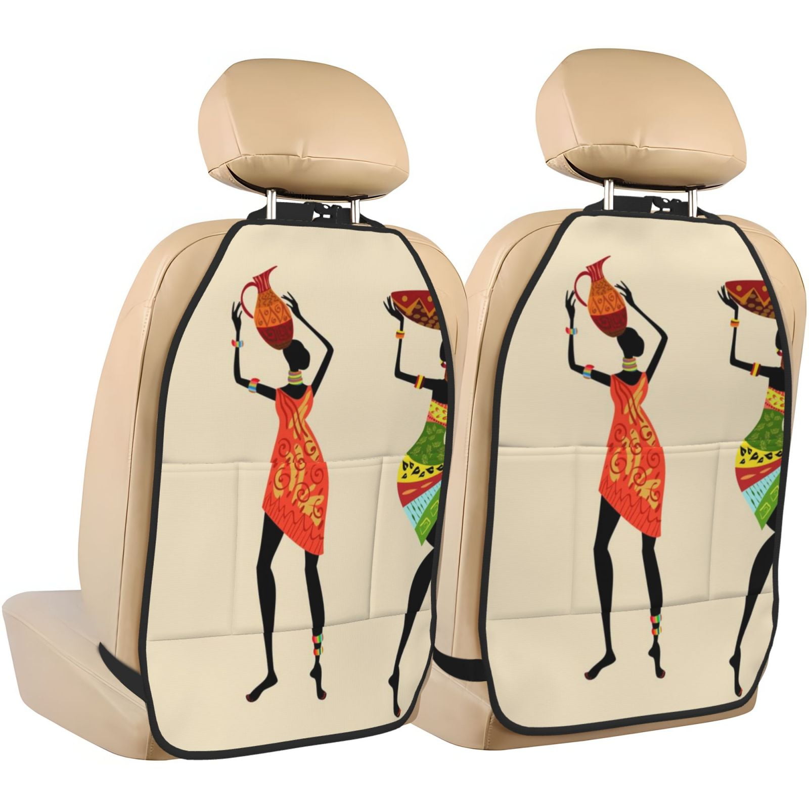 Kdxio African Women Print 2 Pack Car Kick Mat Seat Cover Back Protector Mat with Pockets for Organizer Backseat Protector and Storage Anti Kick Pad for Vehicles