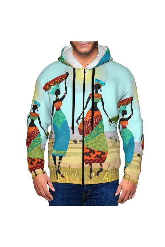 African Women Print Men Hoodies Casual Hoodies for Men with Zip Pockets Full Zip Long Sleeve Sweatshirt Sports Hooded Jacket-Small