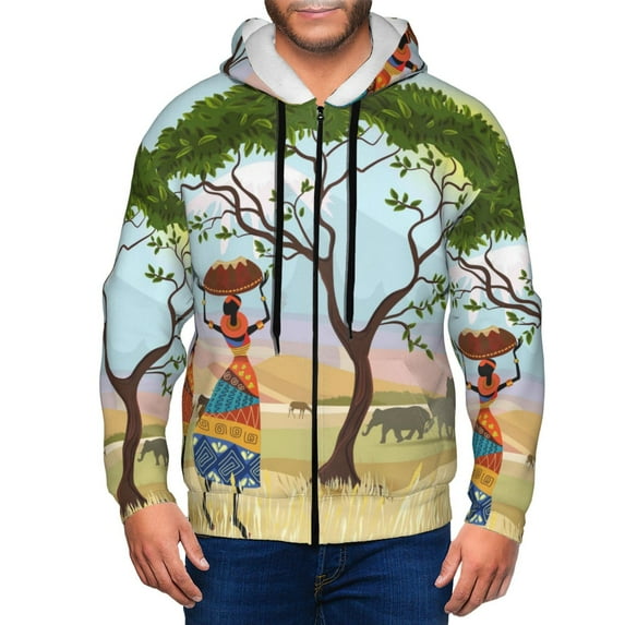 Kdxio African Women Print Men Hoodies Casual Hoodies for Men with Zip Pockets Full Zip Long Sleeve Sweatshirt Sports Hooded Jacket-Small