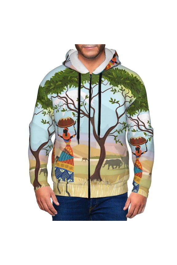 African Women Print Men Hoodies Casual Hoodies for Men with Zip Pockets Full Zip Long Sleeve Sweatshirt Sports Hooded Jacket-Small