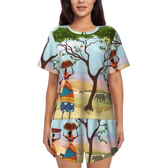 Kdxio African Women in Mountain Landscape Print Pajamas Sets for Women Short-Sleeved Pjs with Lounge Shorts Two Piece Sleepwear S-4XL
