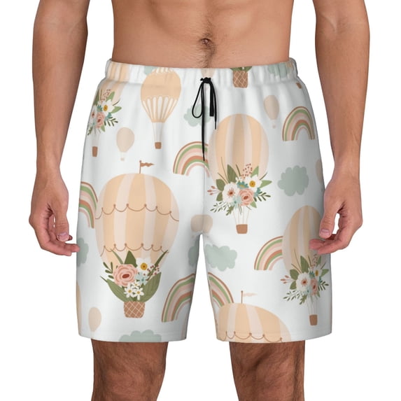 Kdxio Air Balloon And Flower Print Men'S Swim Trunks With Compression Liner 7 Inch Inseam Quick Dry Swim Shorts