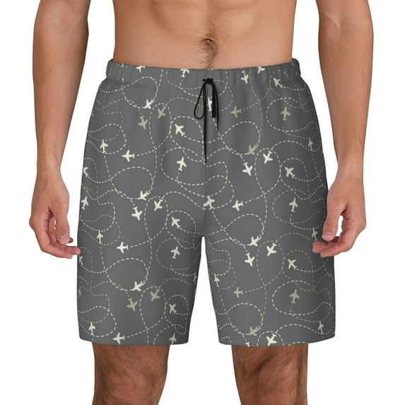 Kdxio Airplane Routes Around The World Print Men's Swim Trunks with Compression Liner 7 Inch Inseam Quick Dry Swim Shorts