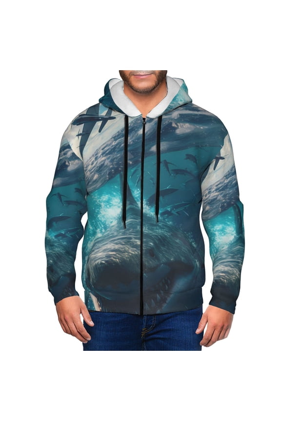 Airplane Shark Print Men Hoodies Casual Hoodies for Men with Zip Pockets Full Zip Long Sleeve Sweatshirt Sports Hooded Jacket-Large
