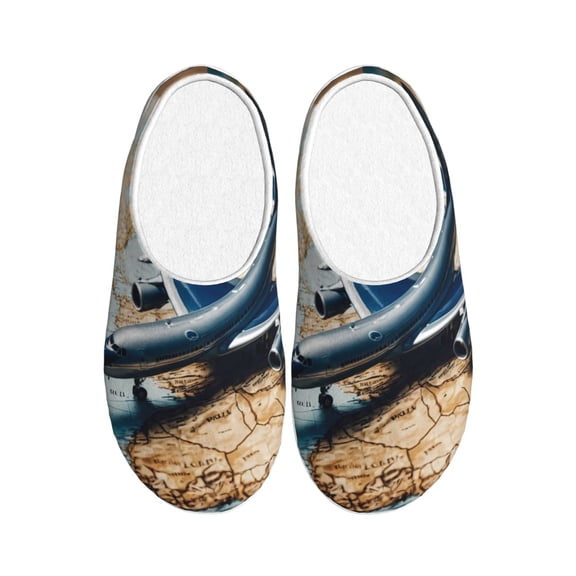 Kdxio Airplane World Map Adventure Women's Men's Slippers Plush Slip-On House Slipper for Winter Indoor Soft Cushion Non-slip Fluffy Slides Slippers-8