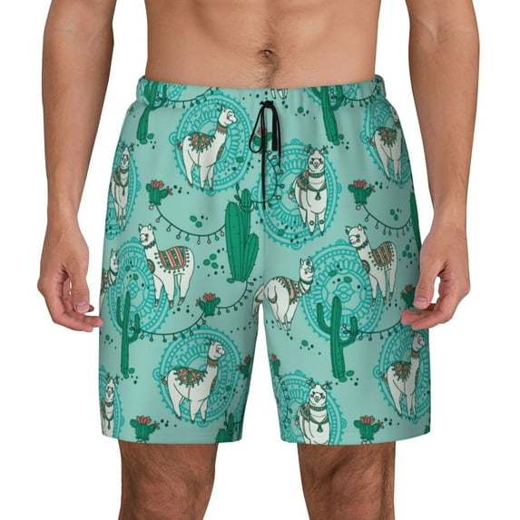 Kdxio Alapaca In Boho Print Men'S Swim Trunks With Compression Liner 7 Inch Inseam Quick Dry Swim Shorts