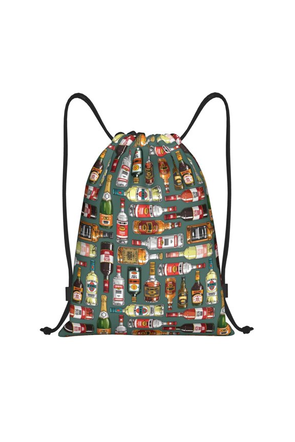 Alcohol Bottles Print Drawstring Backpack Bag,Waterproof Draw String Back Sack, Gym Drawstring Bags Swim Bag For Unisex