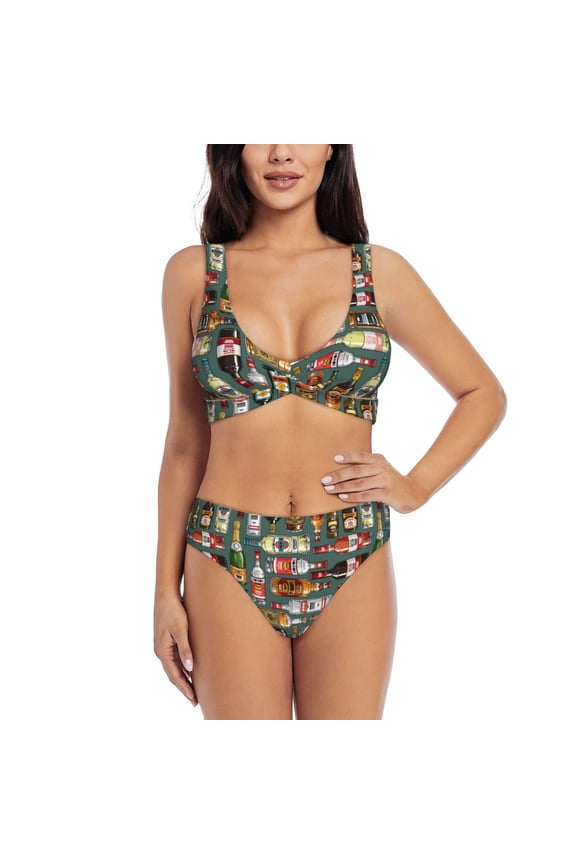 Alcohol Bottles Print Women's 2 Piece High Waisted Wrap Spaghetti Strap Summer Swimsuit Bikini Set-XX-Large