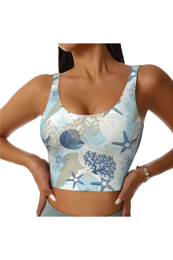 Algae Corals and Seashells Print Workout Crop Tank Top for Women Racerback Yoga Tank Tops Athletic Sports Shirts Exercise Undershirts