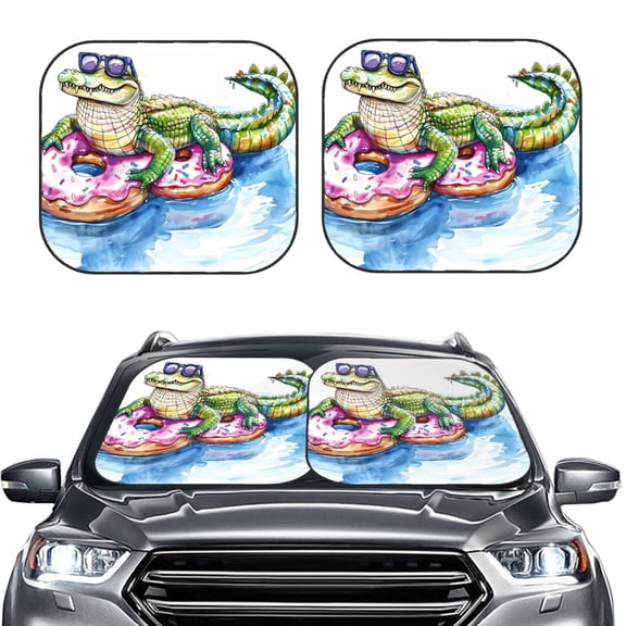 Kdxio Alligator Donut Pool Float Print 2-Piece Sun Shade Front Windshield - Foldable Car Front Window Sunshades for Most Sedans SUV Truck