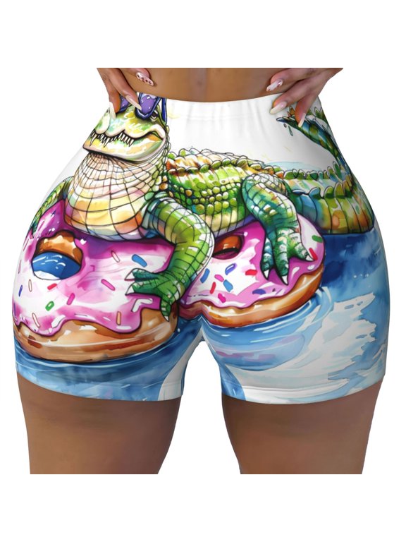 Alligator Donut Pool Float Print Workout Shorts for Women Seamless Soft Smooth Gym Yoga Scrunch Active Shorts