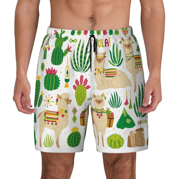 Kdxio Alpaca And Cactus Print Men'S Swim Trunks With Compression Liner 7 Inch Inseam Quick Dry Swim Shorts