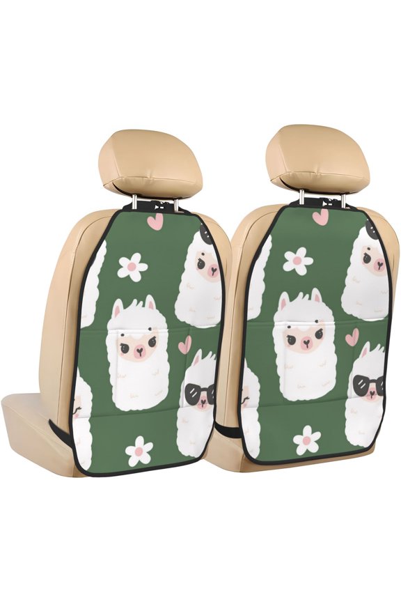 Alpaca Faces Print 2 Pack Car Kick Mat Seat Cover Back Protector Mat with Pockets for Organizer Backseat Protector and Storage Anti Kick Pad for Vehicles