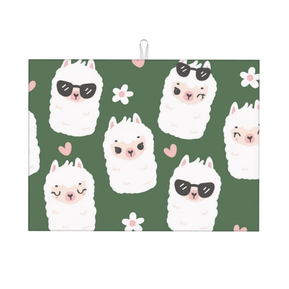 Kdxio Alpaca Faces for Dish Drying Mat,24*18 inch Absorbent Dish Drainer Kitchen Counter,Large Size Dish Drying Pad for Countertops,Draining Racks