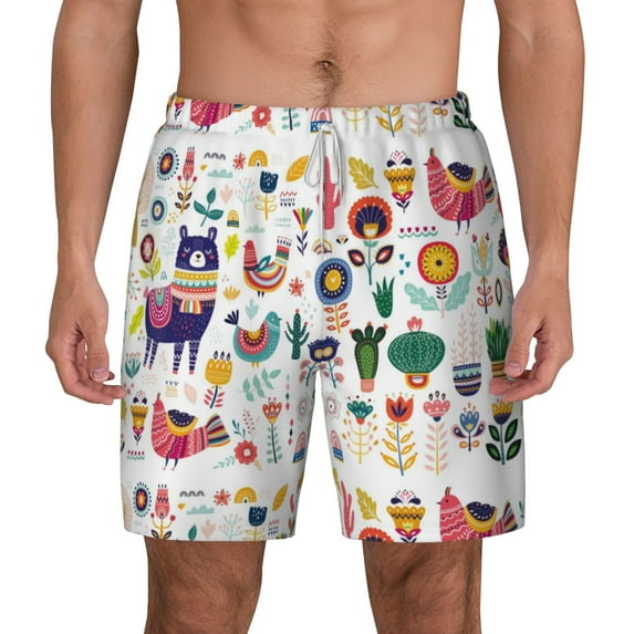 Kdxio Alpaca Flower Print Men'S Swim Trunks With Compression Liner 7 Inch Inseam Quick Dry Swim Shorts
