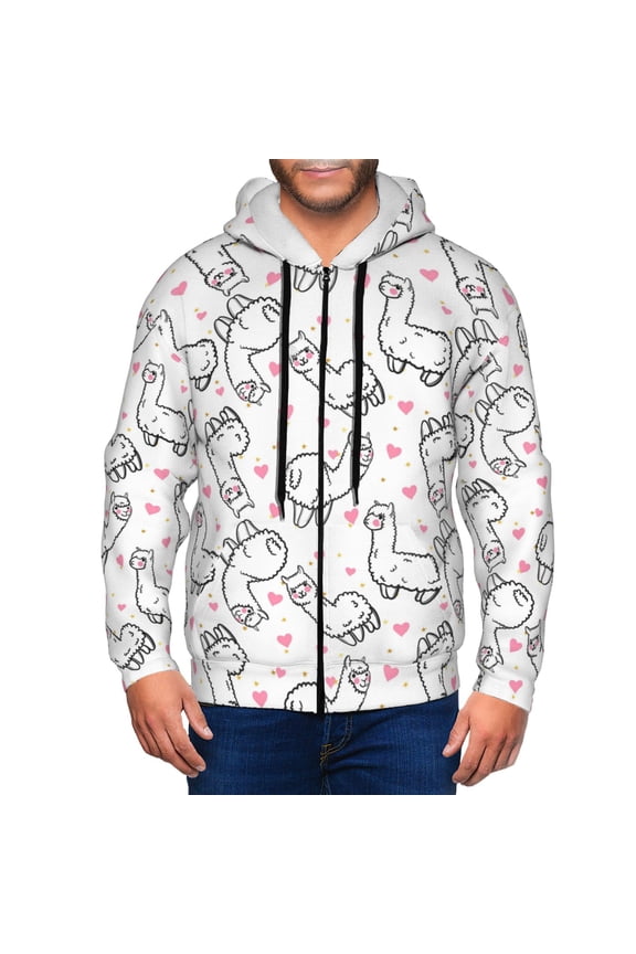Alpacas and Hearts Print Men Hoodies Casual Hoodies for Men with Zip Pockets Full Zip Long Sleeve Sweatshirt Sports Hooded Jacket-Medium