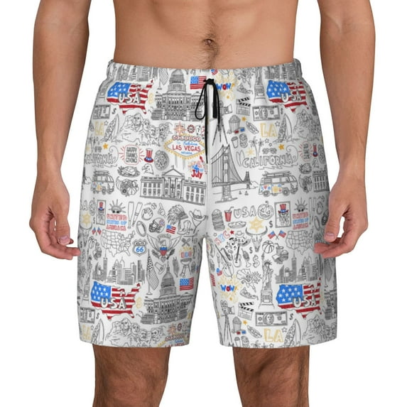 Kdxio America Landmarks2 Print Men's Swim Trunks with Compression Liner 7 Inch Inseam Quick Dry Swim Shorts