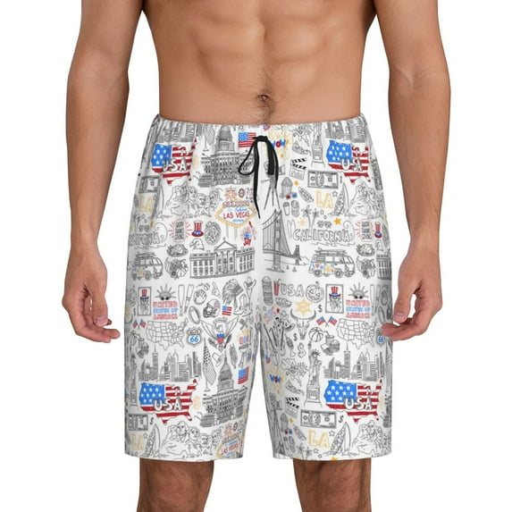 Kdxio America Landmarks2 Print Mens Sleep Shorts Bottoms Soft Comfy Pajama Wear Pants with Drawstring Pockets
