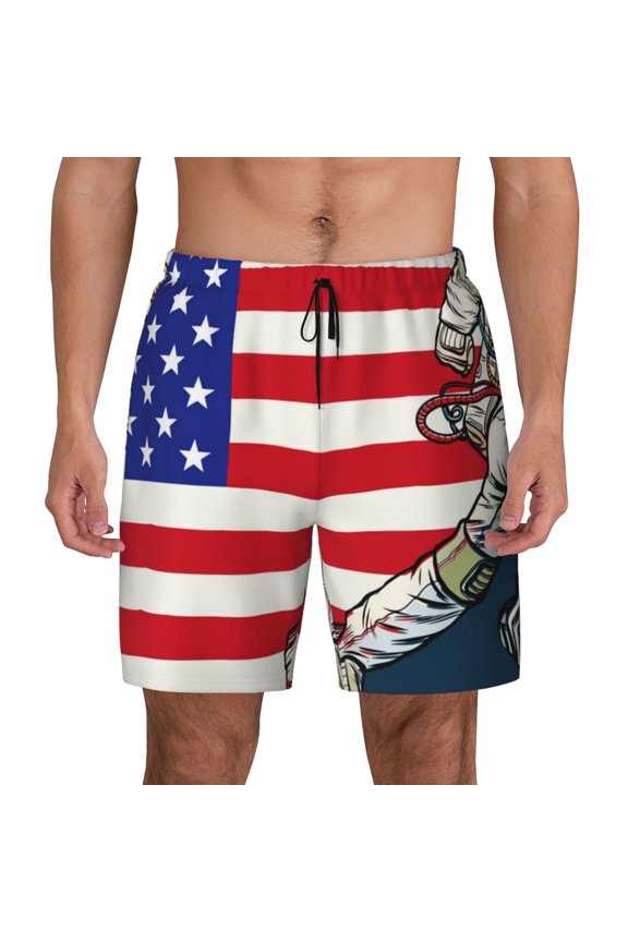 American Astronaut Runs Forward Print Men's Swim Trunks with Compression Liner 7 Inch Inseam Quick Dry Swim Shorts