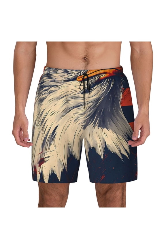 American Bald Eagle A Print Men's Swim Trunks with Compression Liner 7 Inch Inseam Quick Dry Swim Shorts