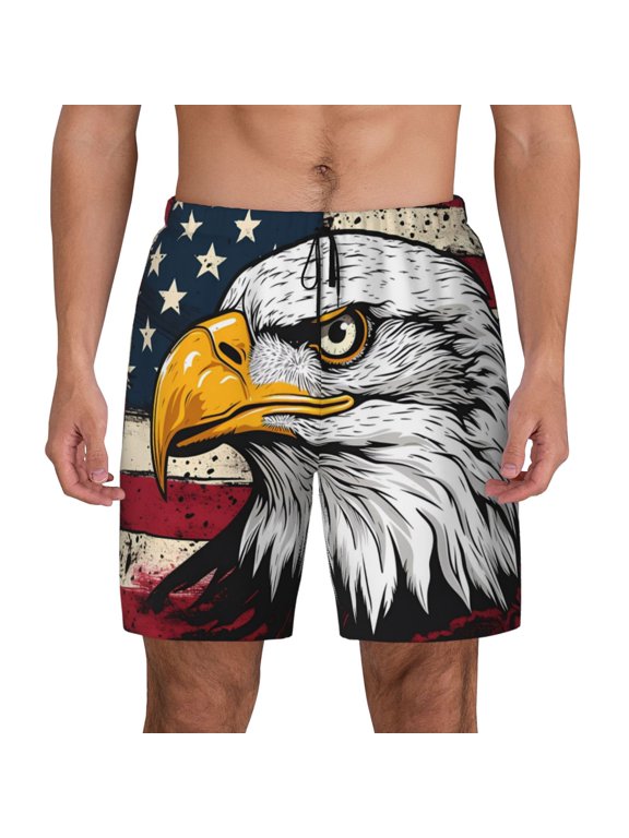 American Bald Eagle Print Men's Swim Trunks with Compression Liner 7 Inch Inseam Quick Dry Swim Shorts