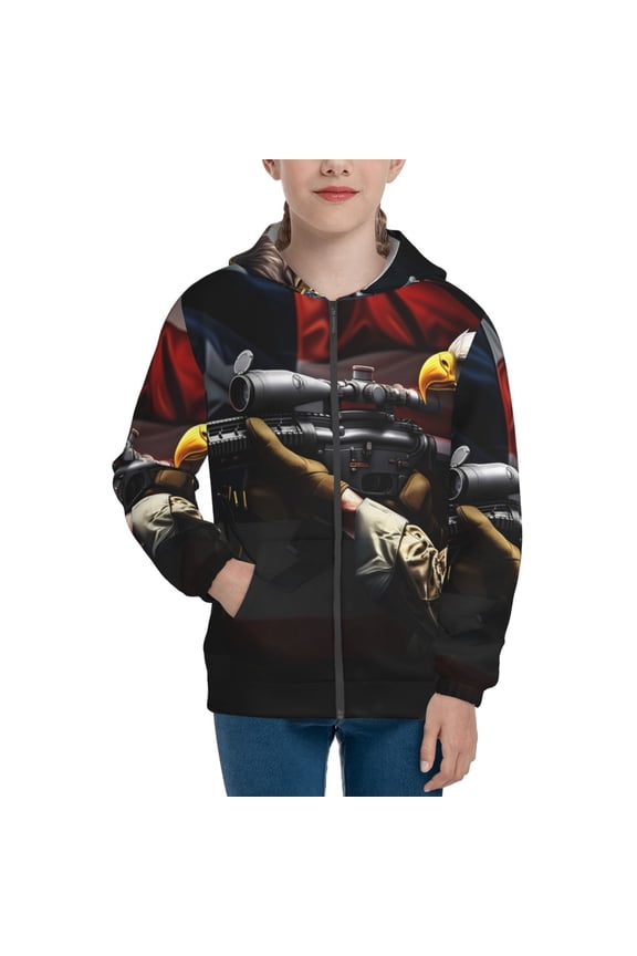 American Bald Eagle Warrior Pattern Kids Boys Girls Zip Up Hoodie 3D Printed Hooded Sweatshirt Hoody Coat with Pocket 7-12 Y-Small