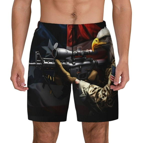 Kdxio American Bald Eagle Warrior Print Men's Swim Trunks with Compression Liner 7 Inch Inseam Quick Dry Swim Shorts