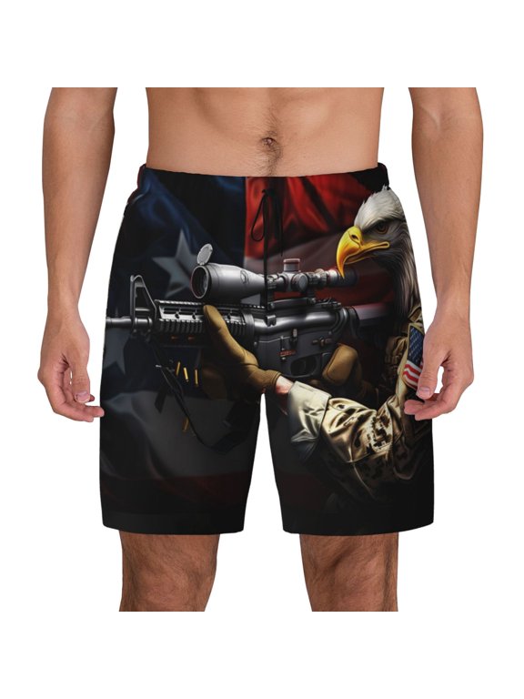 American Bald Eagle Warrior Print Men's Swim Trunks with Compression Liner 7 Inch Inseam Quick Dry Swim Shorts
