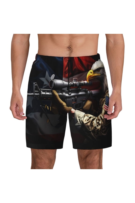 American Bald Eagle Warrior Print Men's Swim Trunks with Compression Liner 7 Inch Inseam Quick Dry Swim Shorts