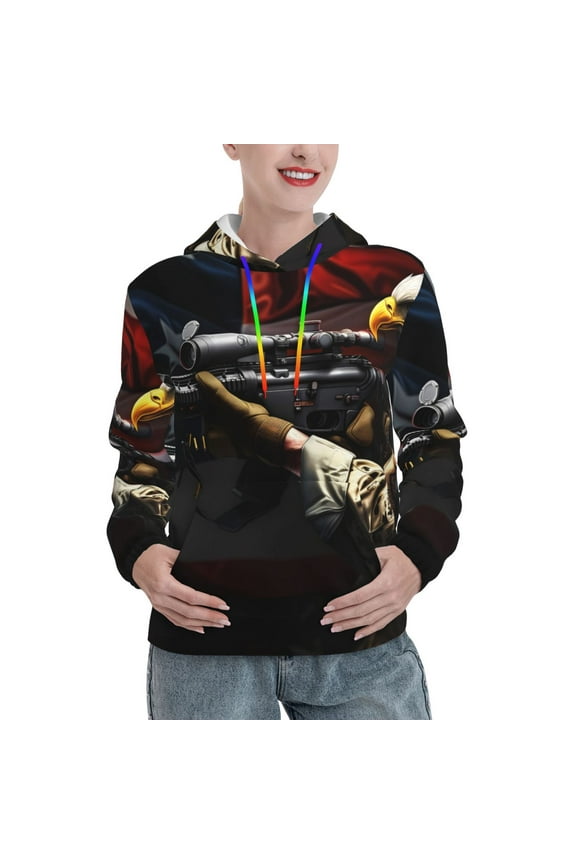 American Bald Eagle Warrior Print Womens Oversized Hoodies Sweatshirts Hooded Pullover Tops Sweaters Casual-Medium