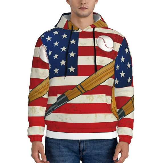 Kdxio American Flag And Baseball Print Mens Casual Hooded Collar Drawstring Hoodies Pullover Sweatshirts Casual Long Sleeve Shirts-3X-Large