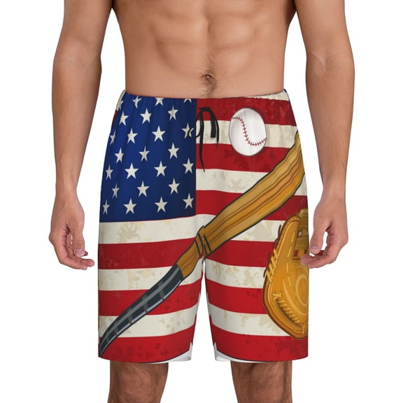 Kdxio American Flag And Baseball Print Mens Sleep Shorts Bottoms Soft Comfy Pajama Wear Pants with Drawstring Pockets