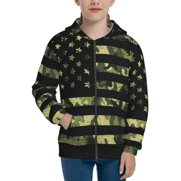 Kdxio American Flag Camo Pattern Kids Boys Girls Zip Up Hoodie 3D Printed Hooded Sweatshirt Hoody Coat with Pocket 7-12 Y-Small