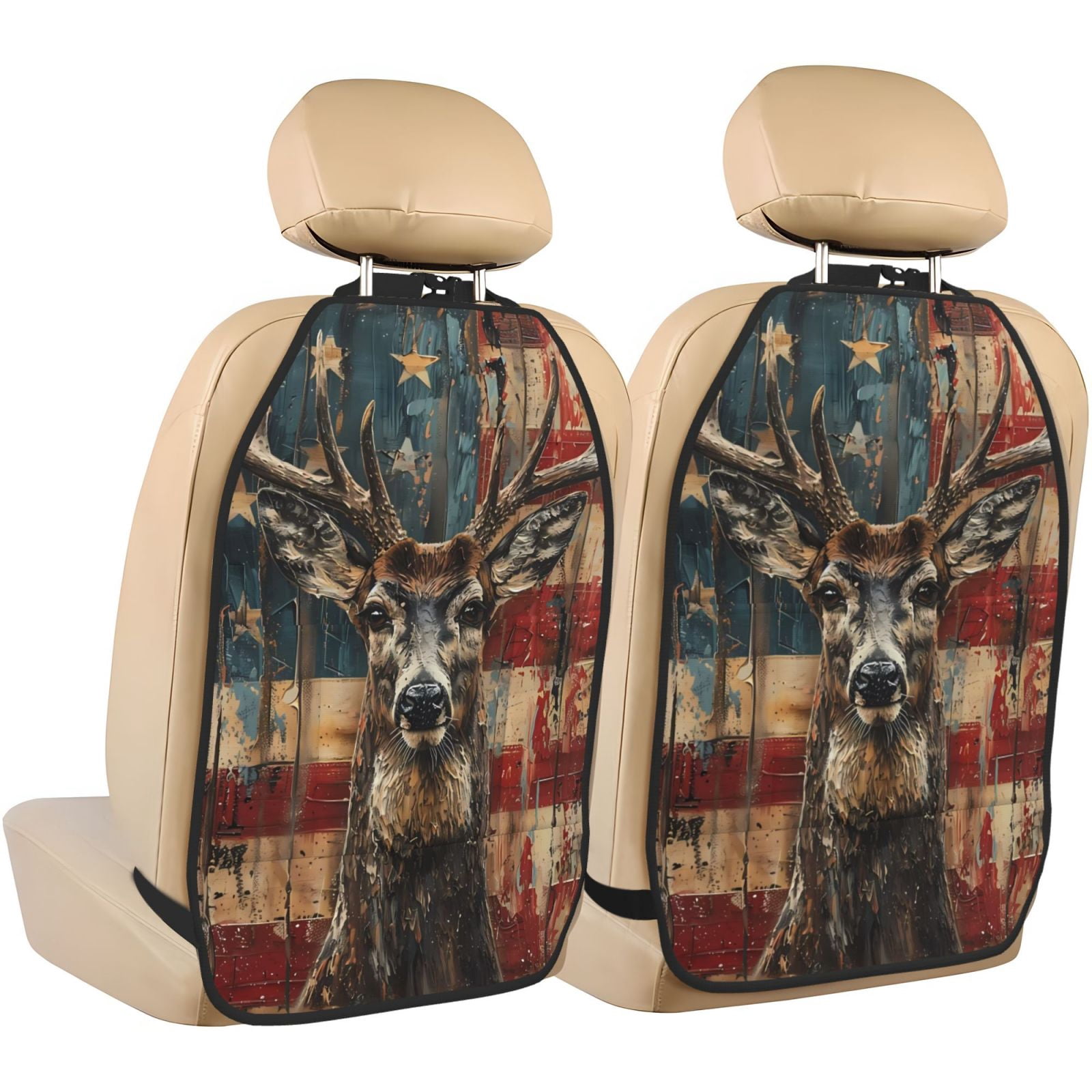 Kdxio American Flag Deer Art Print 2 Pack Car Kick Mat Seat Cover Back Protector Mat with Pockets for Organizer Backseat Protector and Storage Anti Kick Pad for Vehicles
