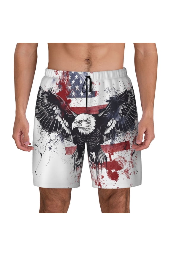 American Flag Eagle Art Print Men's Swim Trunks with Compression Liner 7 Inch Inseam Quick Dry Swim Shorts