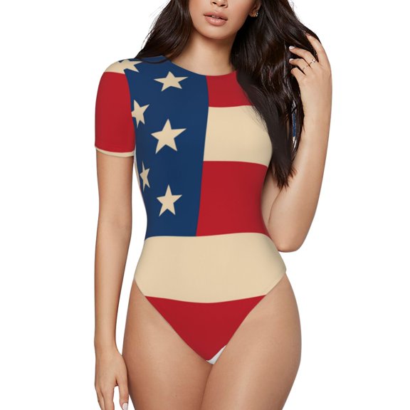 Kdxio American Flag Map for Women's Short-Sleeved Onesie Stylish Round Neck Pajamas Bodysuit Jumpsuit Nightwear-Small