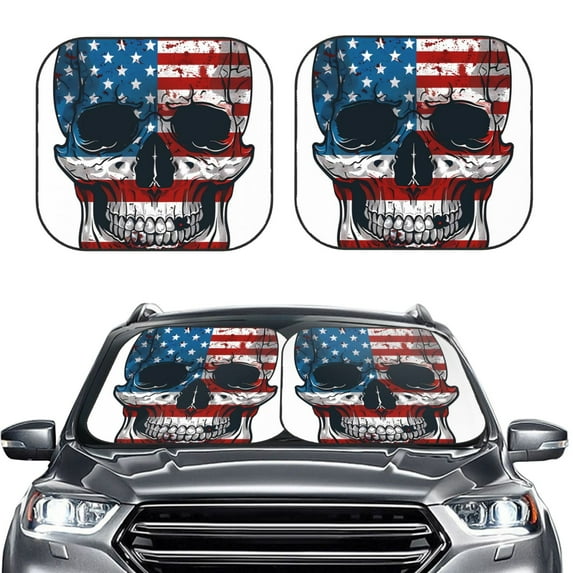 Kdxio American Flag Skull Print 2-Piece Sun Shade Front Windshield - Foldable Car Front Window Sunshades for Most Sedans SUV Truck