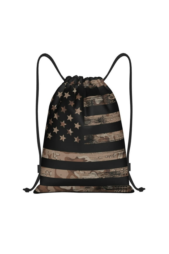 American Flag with Desert Camouflage Print Drawstring Backpack Bag,Waterproof Draw String Back Sack, Gym Drawstring Bags Swim Bag For Unisex
