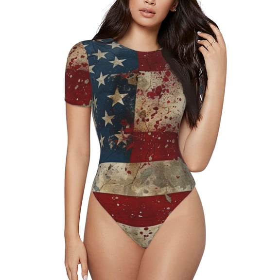 Kdxio American Flag1 for Women's Short-Sleeved Onesie Stylish Round Neck Pajamas Bodysuit Jumpsuit Nightwear-Medium