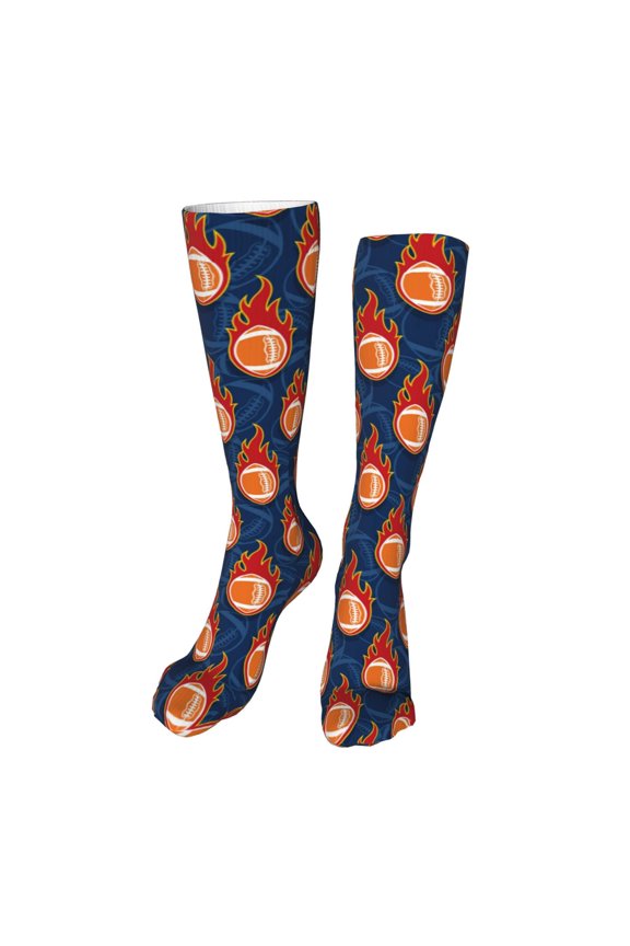 American Football and Fire Flames Funny Silky Novelty Funky Long Knee High Socks Soft 3D Print Cosplay Crazy Stockings for Men Women