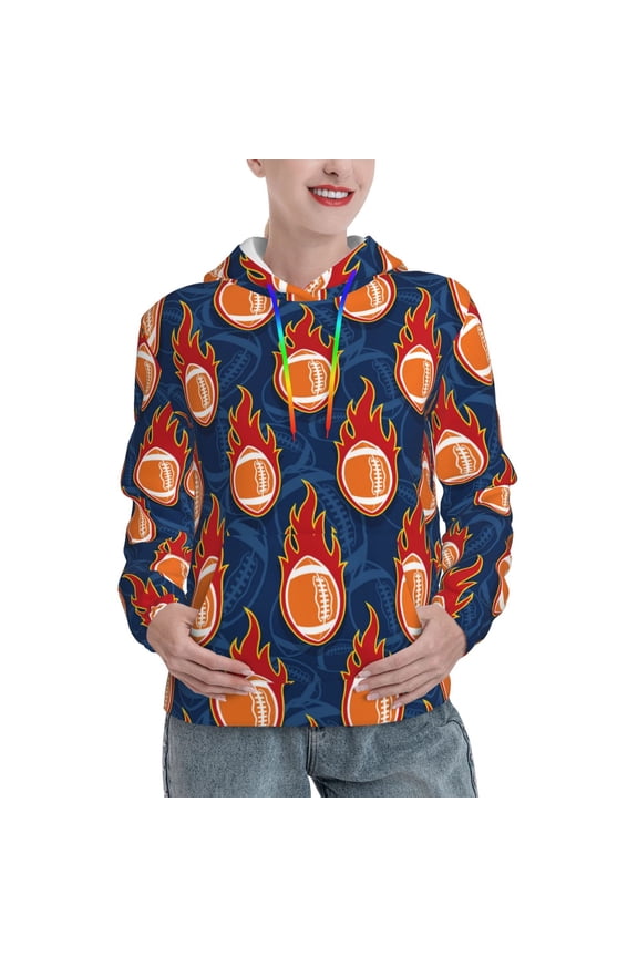 American Football and Fire Flames Print Womens Oversized Hoodies Sweatshirts Hooded Pullover Tops Sweaters Casual-XX-Large