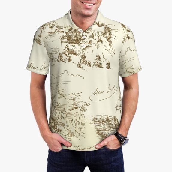 Kdxio American Monuments Print Men's Short Sleeve Polo Shirt,Midweight Men's Shirt-XX-Large
