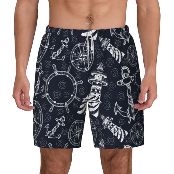 Kdxio Anchor And Lighthouse Print Men'S Swim Trunks With Compression Liner 7 Inch Inseam Quick Dry Swim Shorts