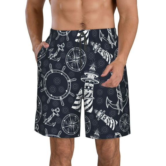 Kdxio Anchor and Lighthouse Pattern Mens Casual Shorts - Drawstring Summer Beach Sports Shorts for Men