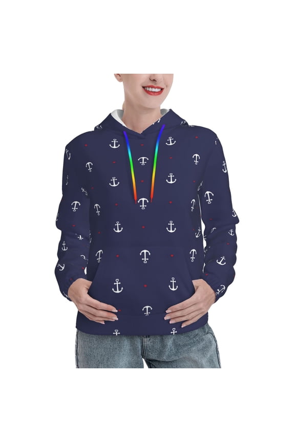 Anchors Heart Blue Print Womens Oversized Hoodies Sweatshirts Hooded Pullover Tops Sweaters Casual-XX-Large