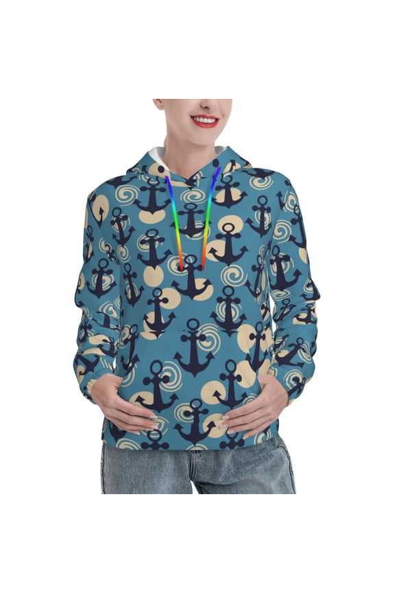Anchors Print Womens Oversized Hoodies Sweatshirts Hooded Pullover Tops Sweaters Casual-X-Large