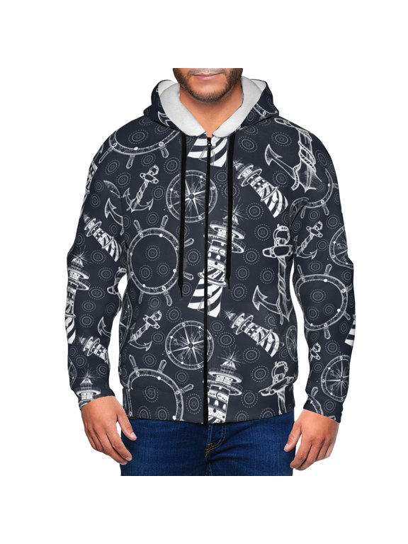 Anchors and Lighthouse Print Men Hoodies Casual Hoodies for Men with Zip Pockets Full Zip Long Sleeve Sweatshirt Sports Hooded Jacket-Large