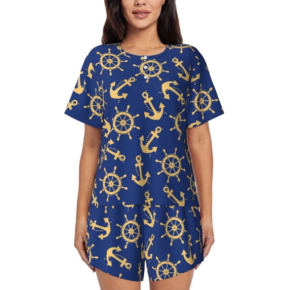 Kdxio Anchors and Nautical Print Pajamas Sets for Women Short-Sleeved Pjs with Lounge Shorts Two Piece Sleepwear S-4XL