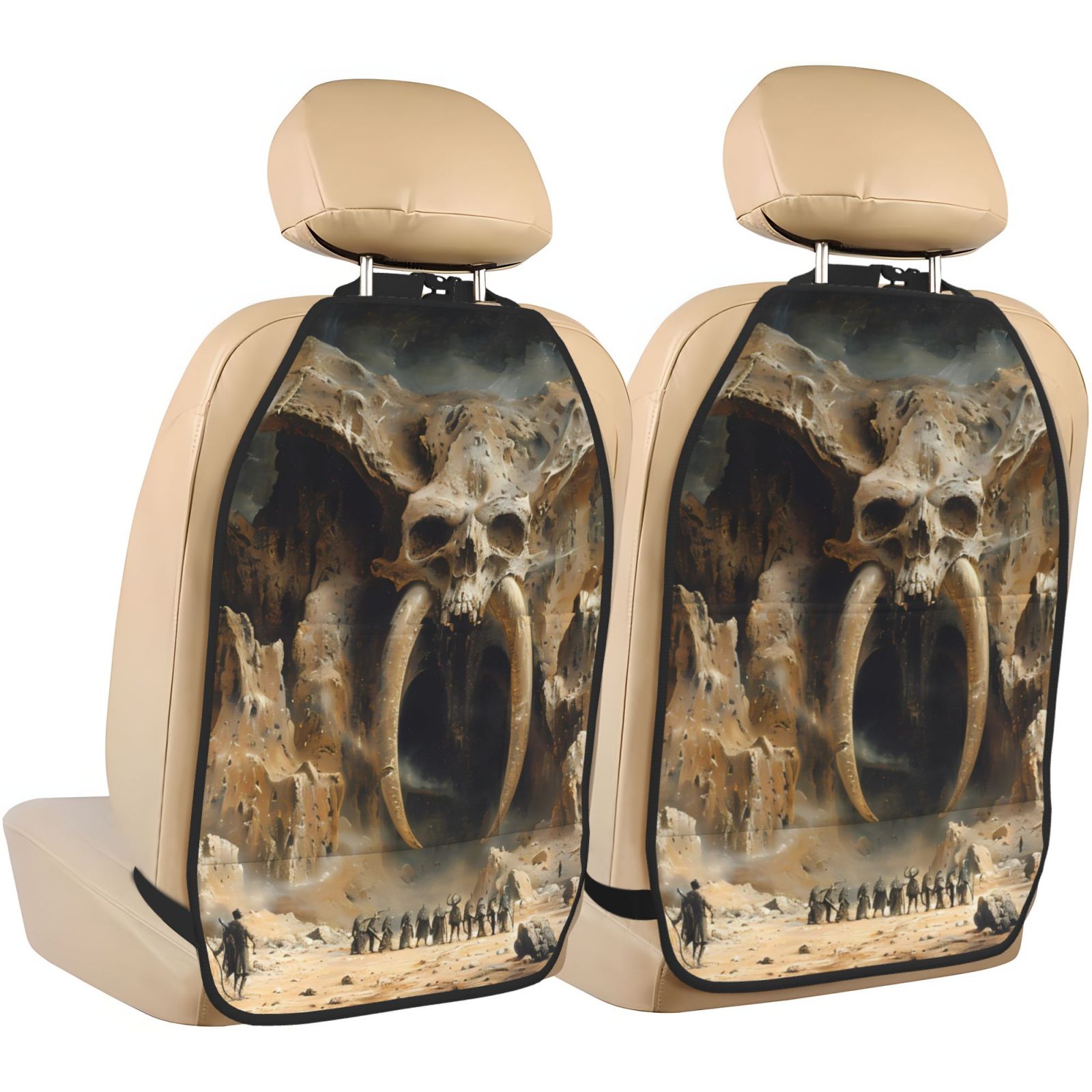 Kdxio Ancient Skull Cave Landscape Print 2 Pack Car Kick Mat Seat Cover Back Protector Mat with Pockets for Organizer Backseat Protector and Storage Anti Kick Pad for Vehicles